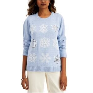 Karen Scott Snowflake Sweater XS Light Blue Win Sequins And Jewel Embellishment